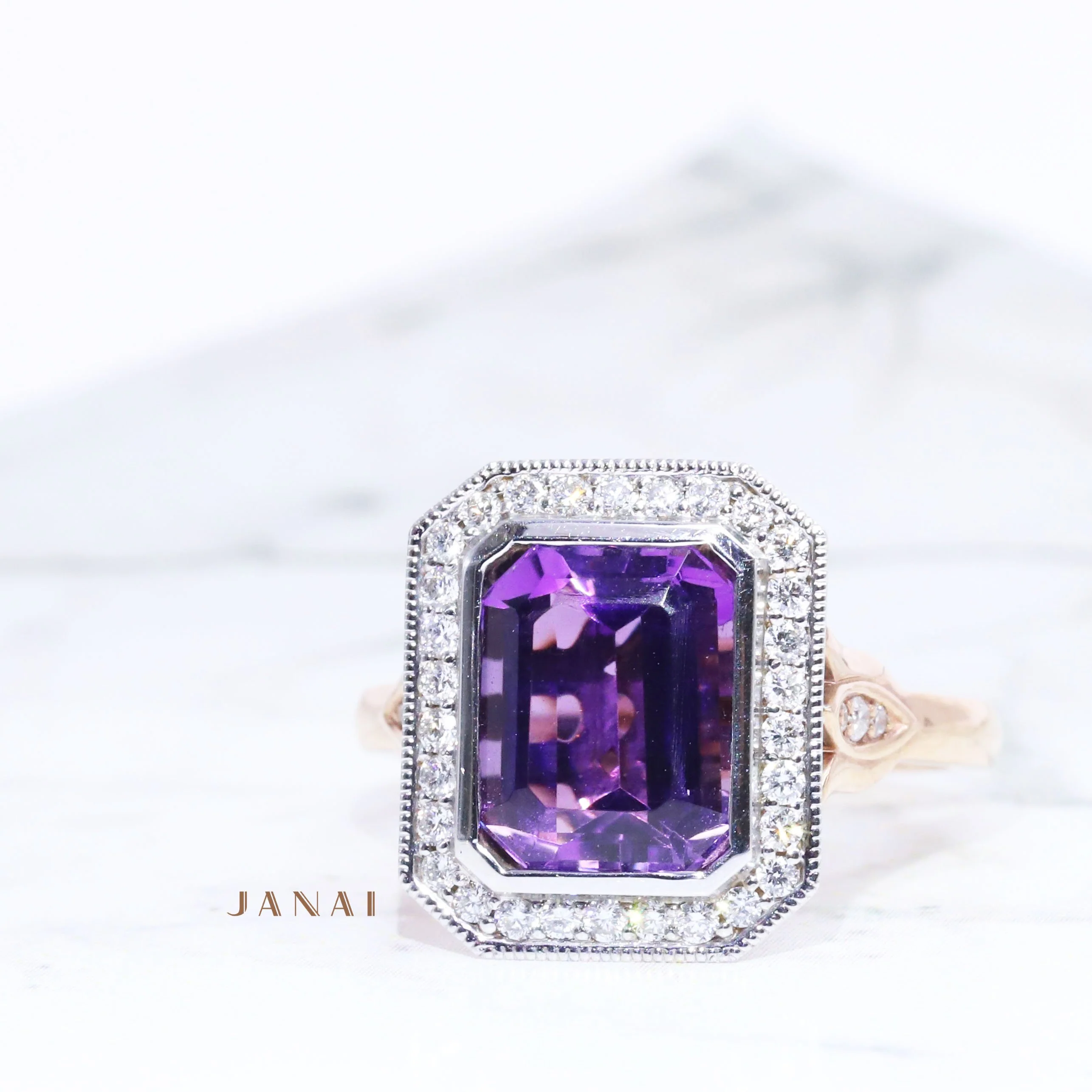 Emerald Amethyst Cluster Halo Ring - Image 3